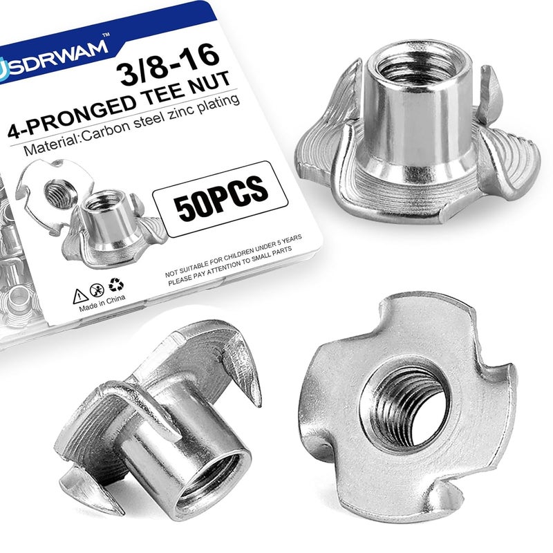 Usdrwam 50 Pack 3/8"-16 T Nuts for Wood, Zinc-Plated Carbon Steel 4-Prong Tee Nuts for Furniture, Cabinets, and Rock Climbing Holds - Image 1